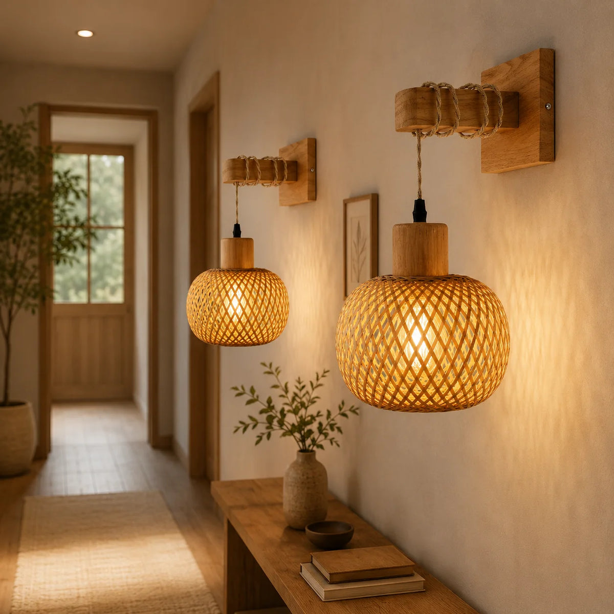 Bamboo Wall Lamp Sconce (1-Pack / 2-Pack) - Japanese Style Hand-Woven Wicker Light Fixture for Restaurant, Dining & Living Room