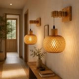 Bamboo Wall Lamp Sconce (1-Pack / 2-Pack) - Japanese Style Hand-Woven Wicker Light Fixture for Restaurant, Dining & Living Room