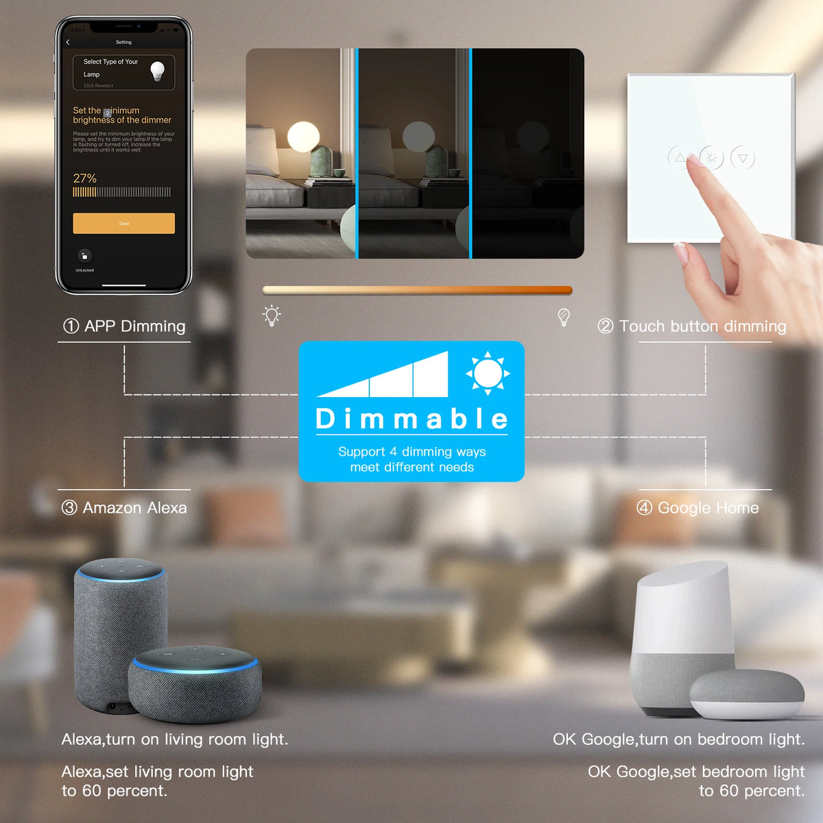 Single Smart Wifi Dimmer Switches 1Gang Wifi Control Dimmable Led Light Glass Panel Support Tuya Google Smart Life App