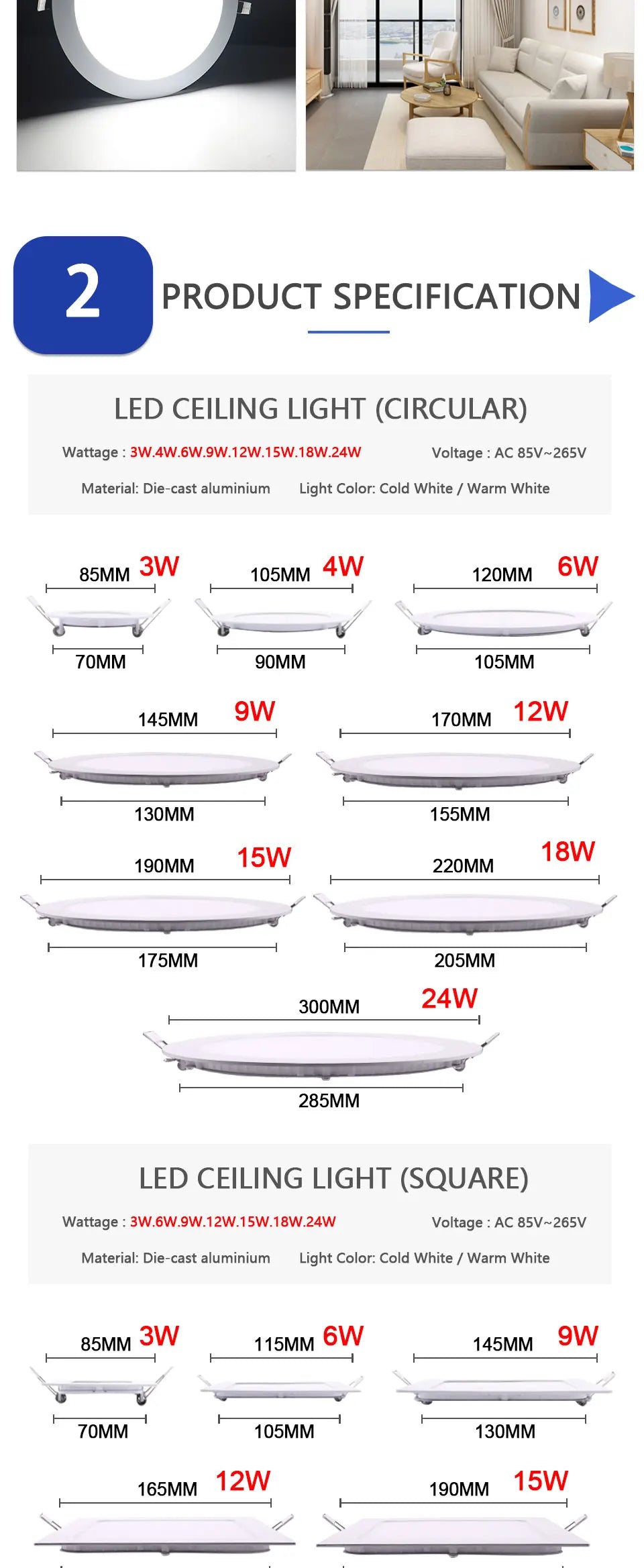 85MM to 290MM LED Downlight  24W 18W 12W 9W 6W 3W AC110V 220V Ultra thin led ceiling recessed grid downlight slim round/square panel light