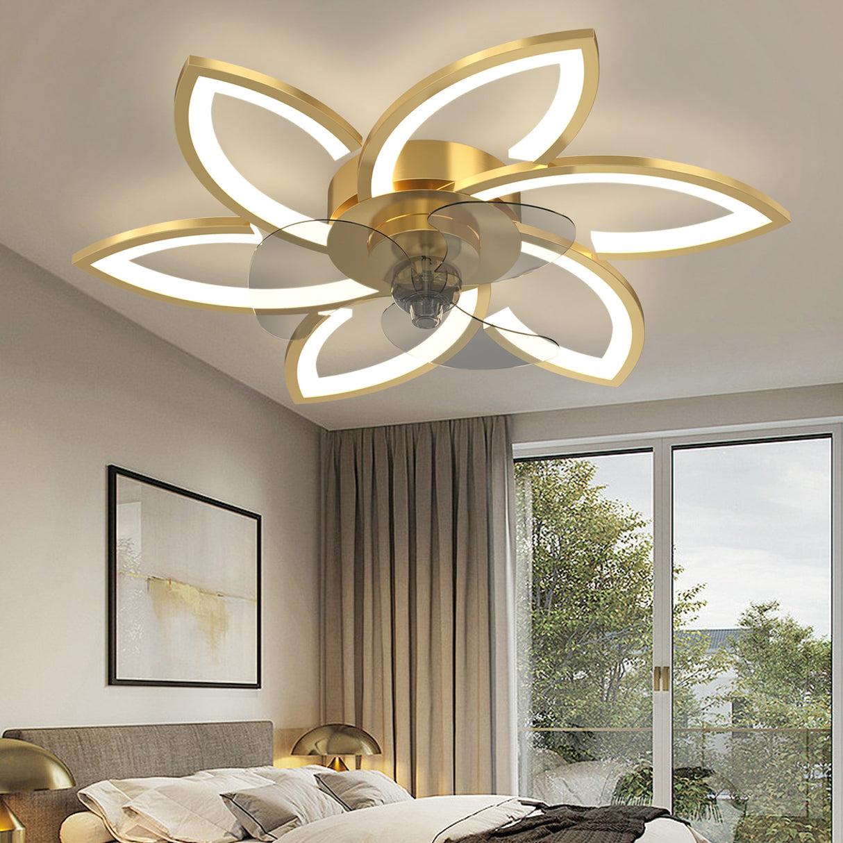 Modern led quiet ceiling fan with light with remote control/app timer creative 6 lights design fan with lamp,