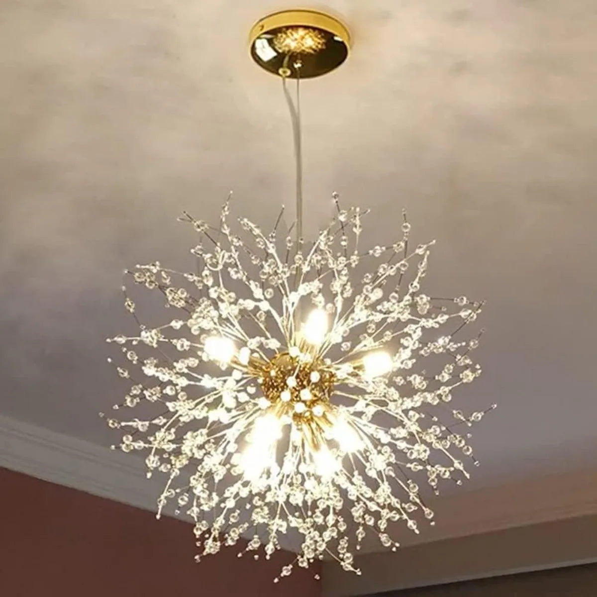 Modern Sputnik Firework Crystal Pendant Lighting 8-Light Gold Chandelier for Dining Room Living Room Bedroom Restaurant
