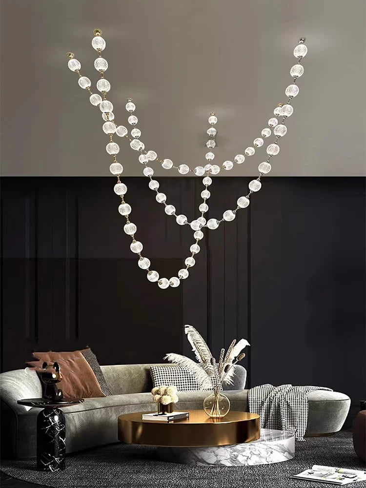 2026 Trendy Pearl Necklace Design LED Dimmable Chandelier Balls Staircase 6 m Long Suspension Luminaire Lampen For Living Room