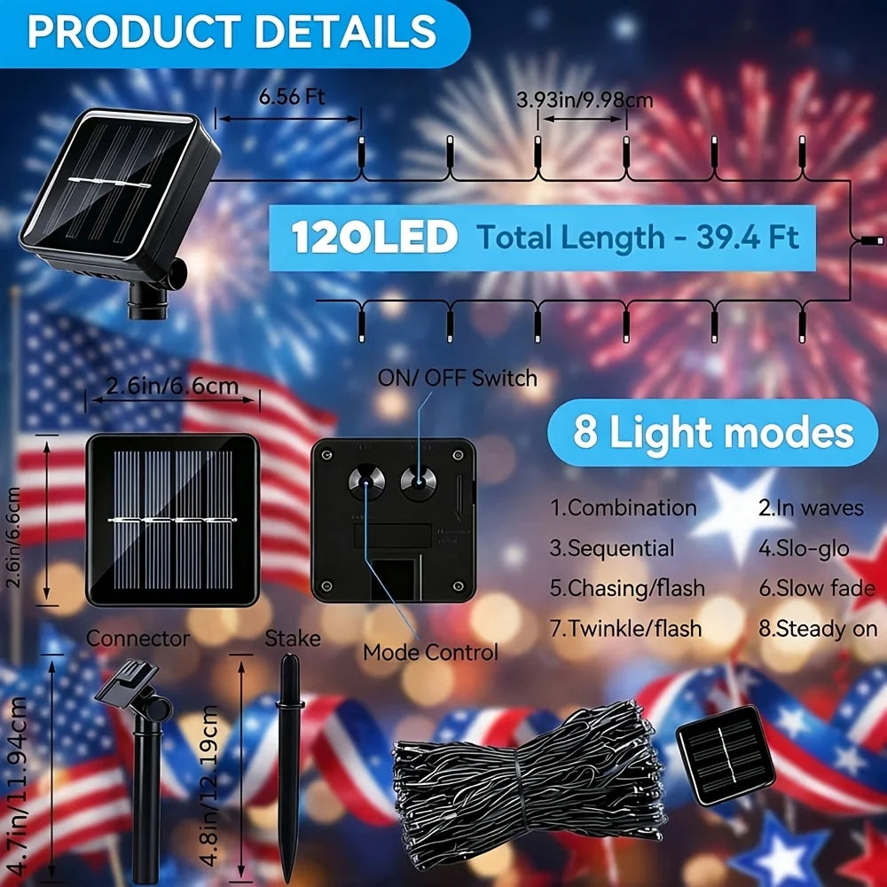 Patriotic Red White Blue LED String Lights - Solar Powered 4th of July Decor