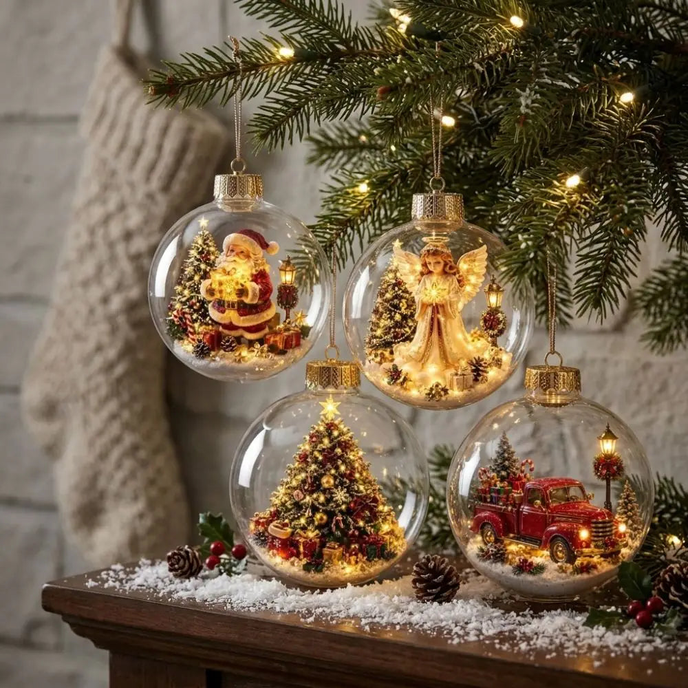 Transparent Lighted Christmas Ball Ornament Plastic Acrylic Santa Snowman Deer Pendant Cartoon Style Exquisite