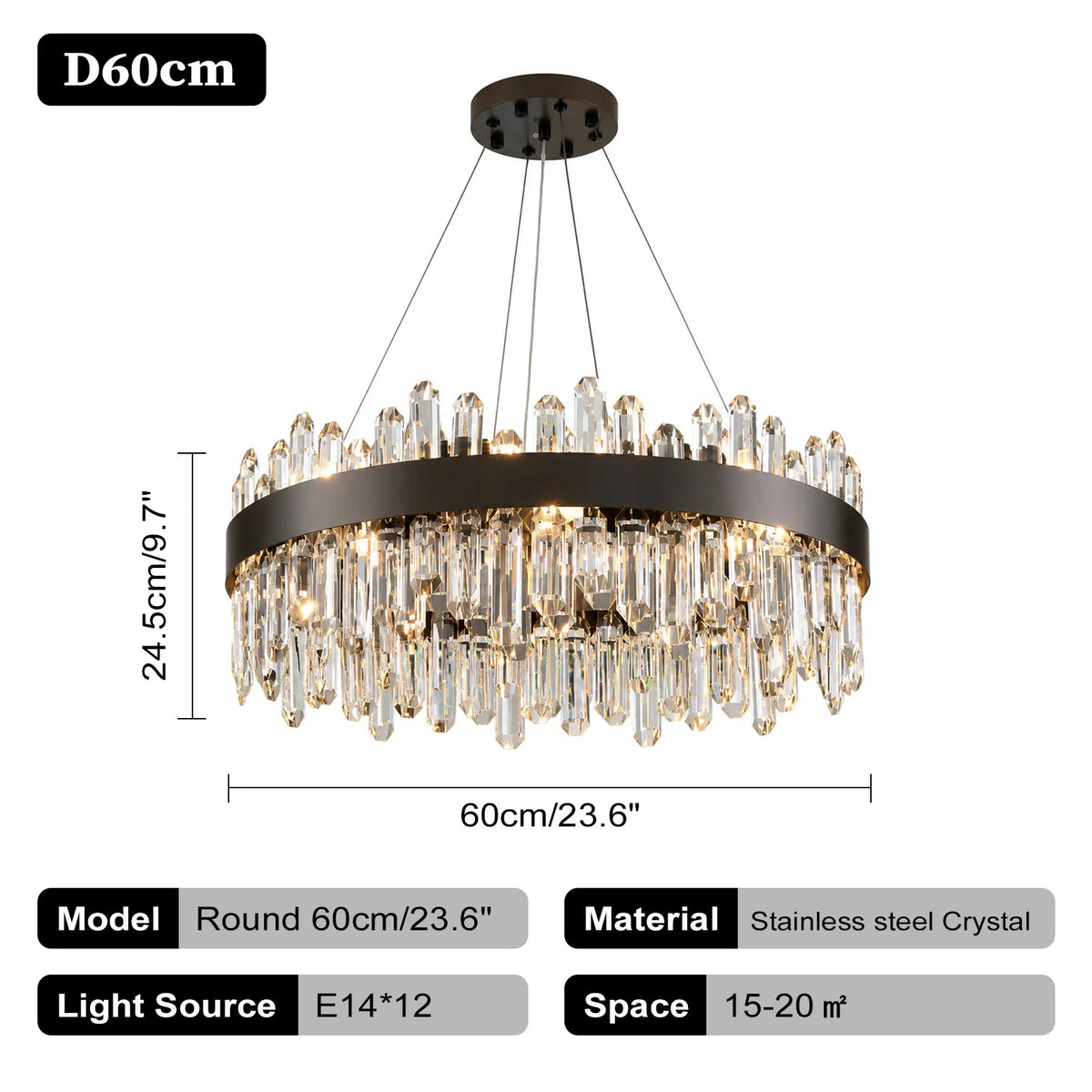 Italian Design Luxury Crystal Chandelier Light (E14) - Customizable Hanging Pendant Lamp Fixture for Living Room & Dining Room