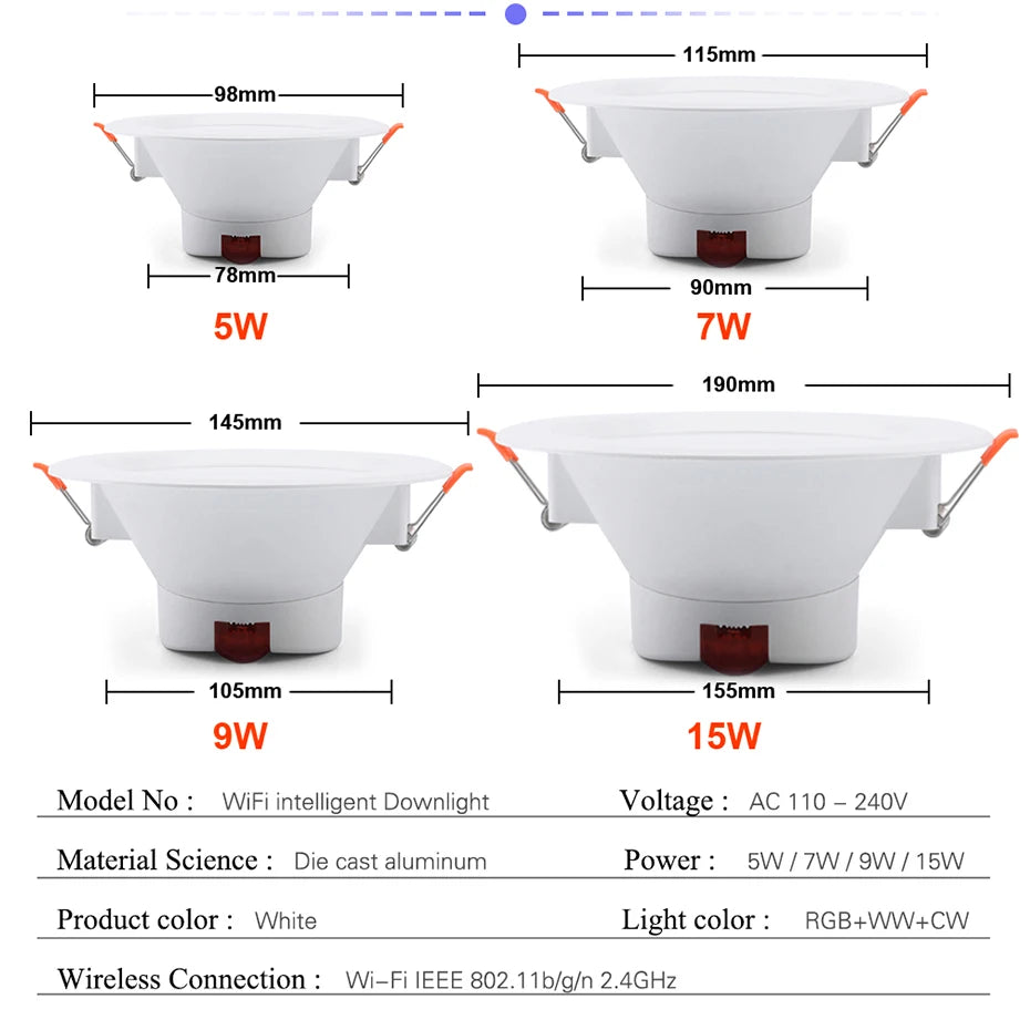15W 9W 7W 5W Smart LED Downlight RGB Dimmable Spotlight Tuya WiFi Smart Ceiling Lamp RGB+CW+CCT Voice Control with Alexa Google