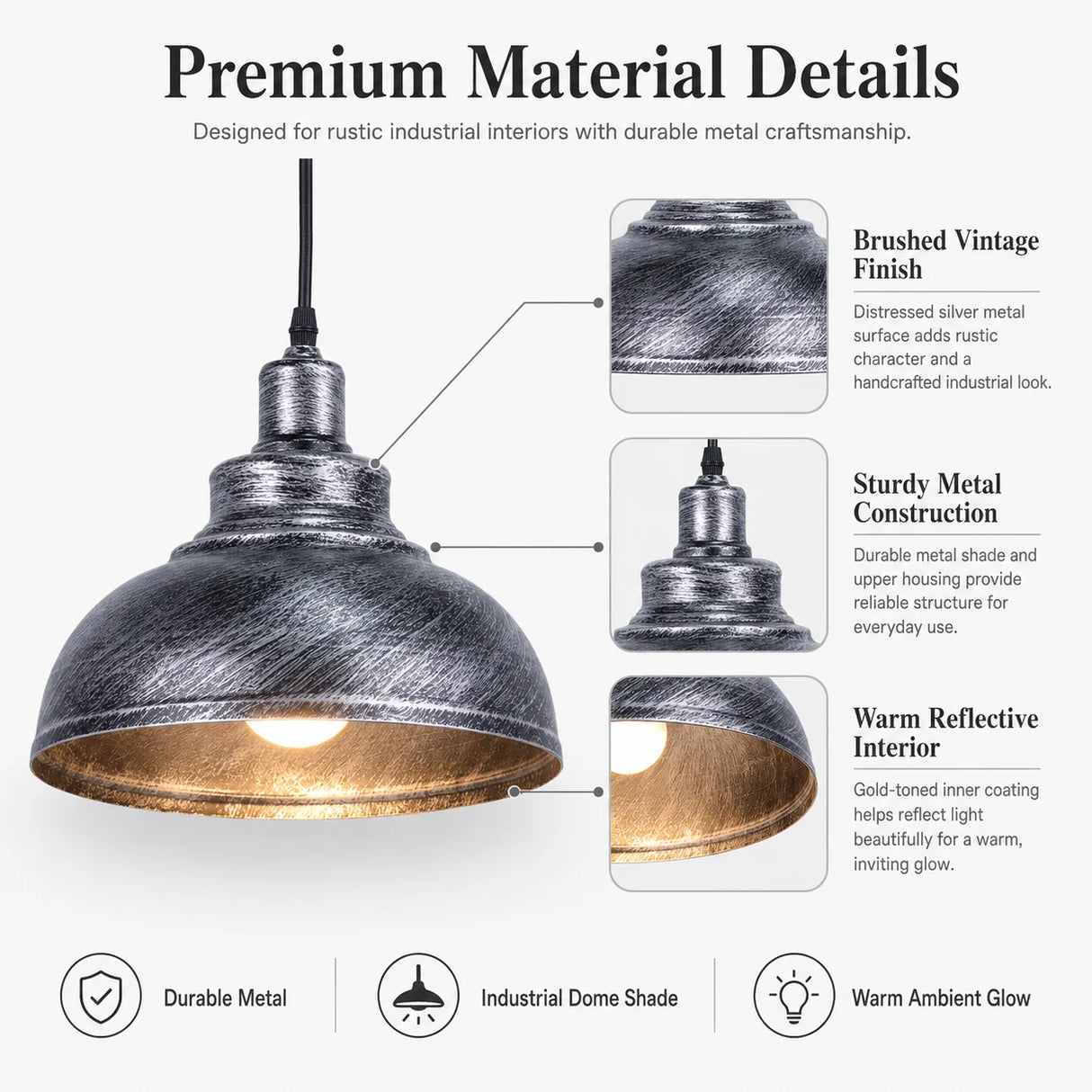 Industrial Metal Pendant Light (1-Pack / 2-Pack) - Retro Silver Hanging Chandelier Fixture for Kitchen, Bar, Cafe & Living Room
