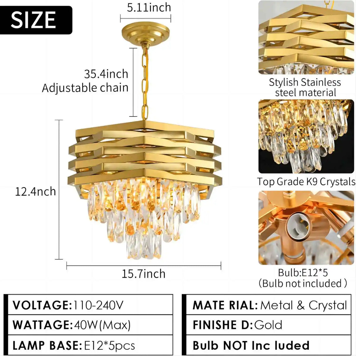 Modern Crystal Chandelier Gold Round for Dining Room for Living Room Entryway Foyer Bedroom Kitchen Pendant Light Fixtures