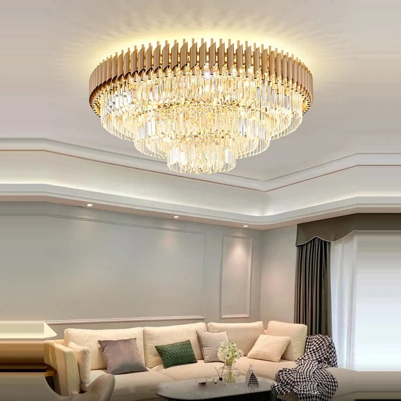 Modern round square layered crystal chandelier black gold luxury Led ceiling lamp living room main lamp villa foyer lighting
