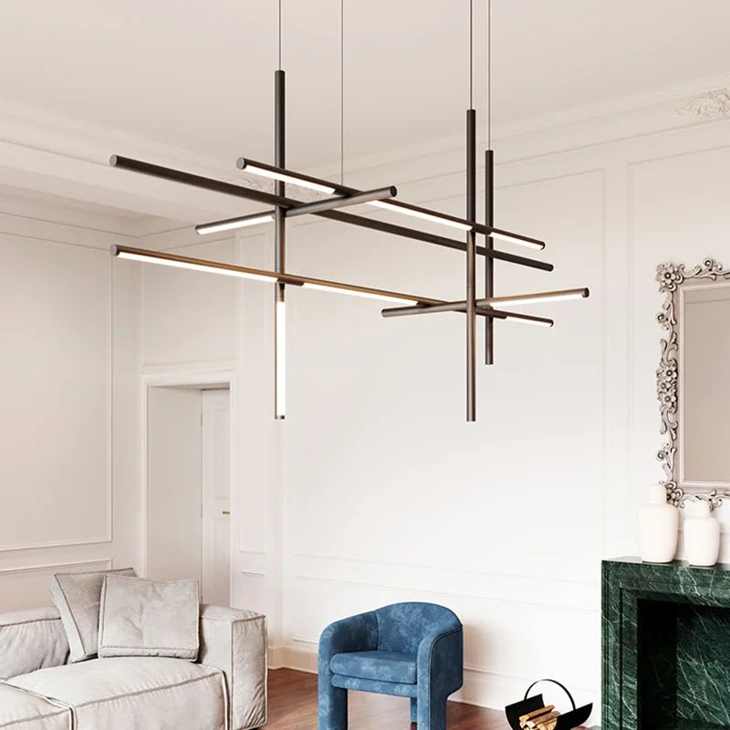 Italian Gold Modern LED Multi-Head Chandelier - Minimalist Pendant Hanging Light Fixture for Staircase, Living Room & Dining Table