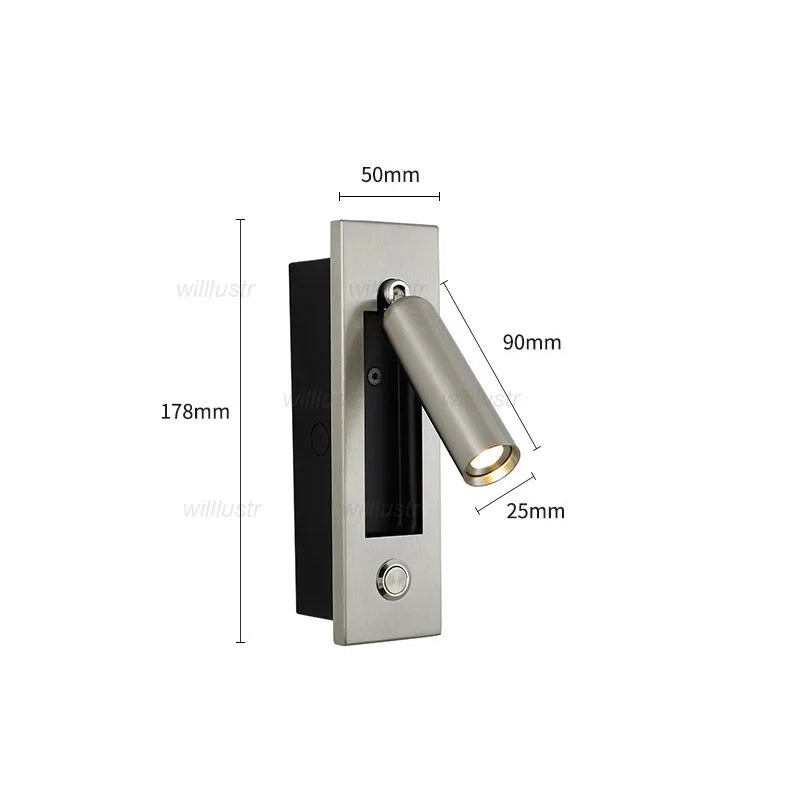 Creative Rotatable Aluminum Wall Lamp LED Embedded Sconce Hotel Cafe Bar Bedside Copper Nickle Chrome Metal Reading Lighting