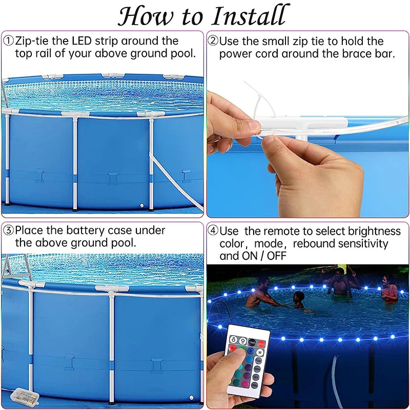 12M LED Rope Light Outdoor Waterproof Swimming Pool String Light 4 Modes Battery Operated Remote Control Trampoline String Light