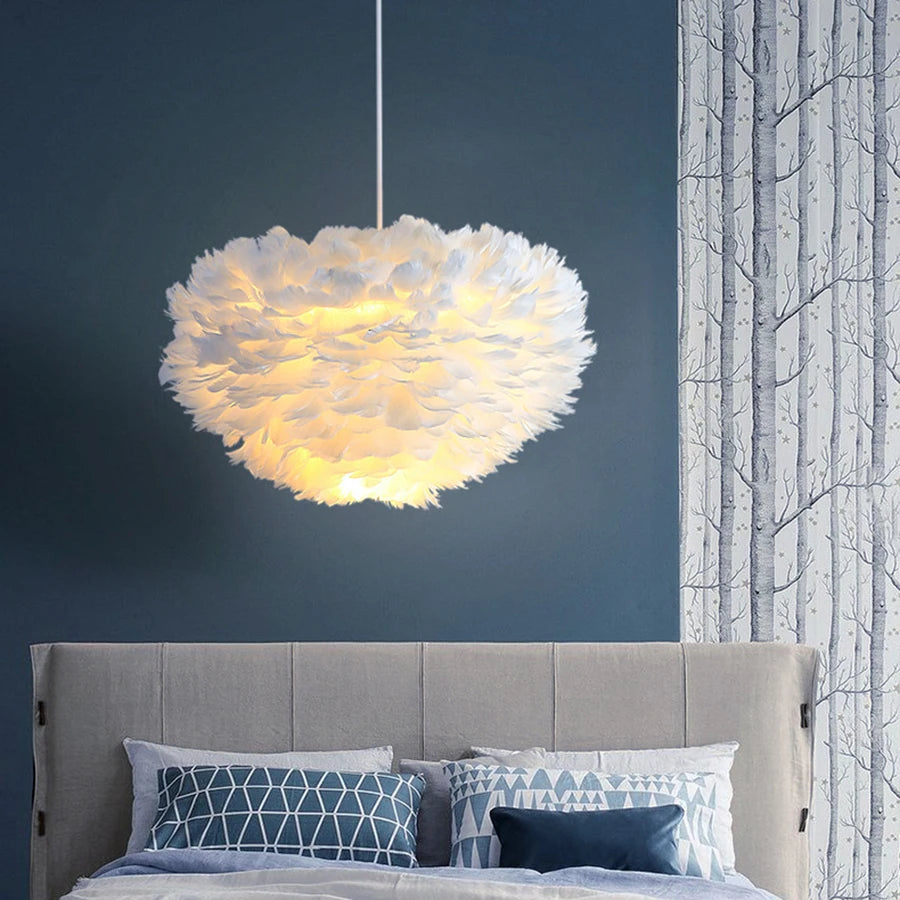 Nordic White Feather Lamp, Nordic Bedroom Lamp, Cozy Romantic Bedside Decor Pendant Light Cover