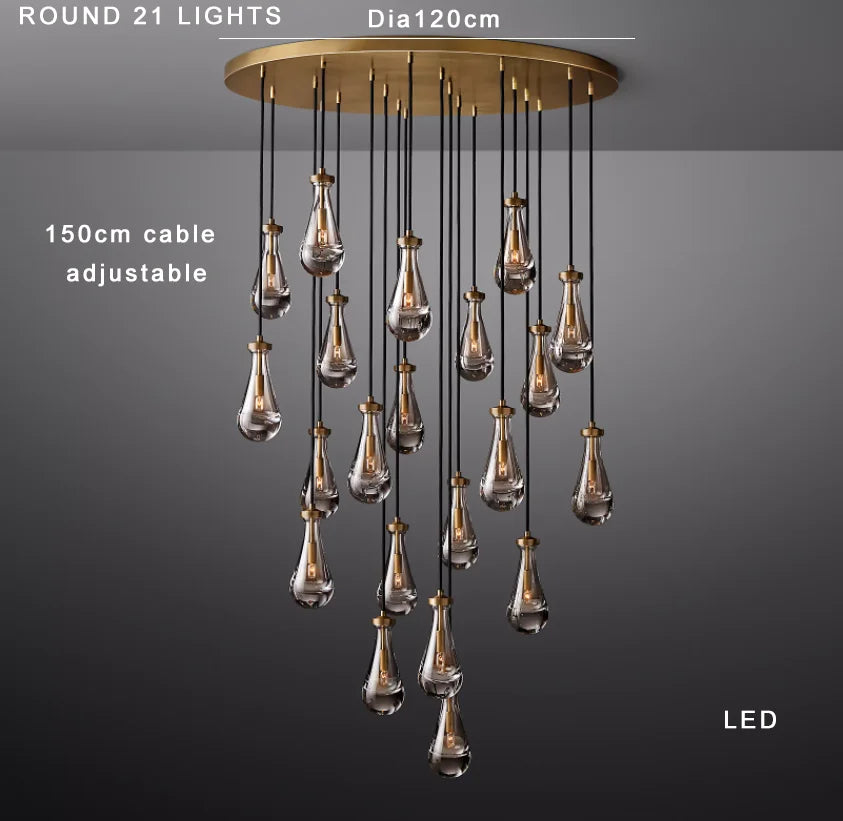 Modern Raindrop Pendant Light Lamp Luxury Round Brass High Ceiling Glass Lampshape Chandelier For Living Room Dining Room Stairs