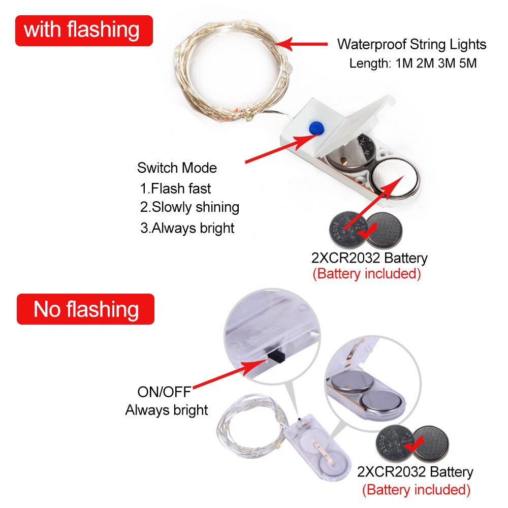 Three mode LED Fairy Light Mini Christmas Light holiday Copper 10pcs Wire String Light Waterproof Including 2*CR2032 Battery