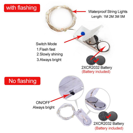 Three mode LED Fairy Light Mini Christmas Light holiday Copper 10pcs Wire String Light Waterproof Including 2*CR2032 Battery