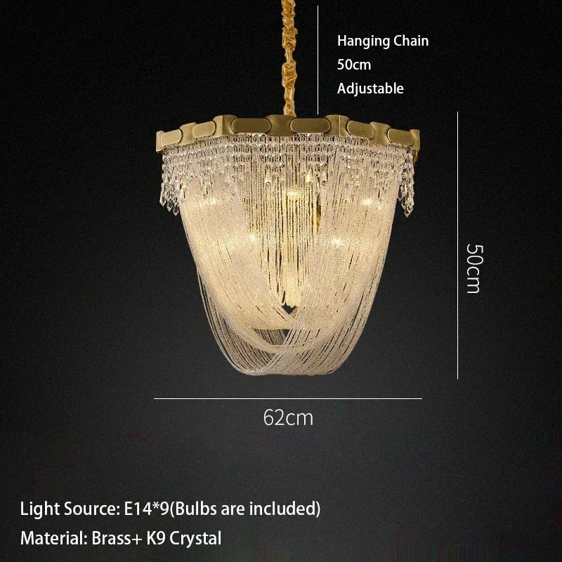 Luxury Brass Crystal Bead Curtains Chandeliers 2025 Modern LED Home Decor Hanging Lamps for Ceiling Living Room Lighting Fixture