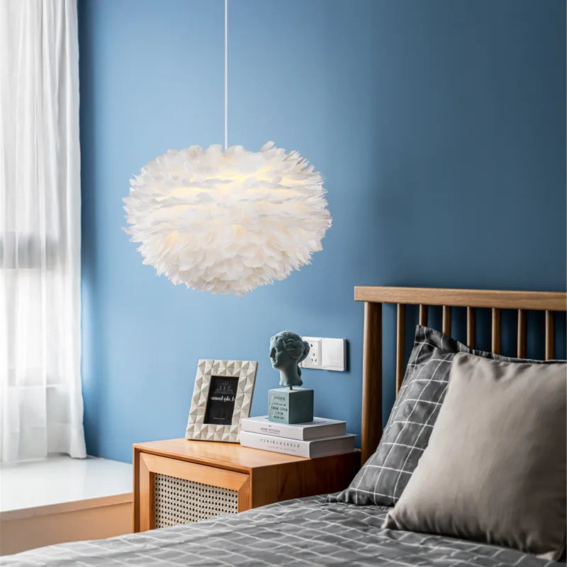 Nordic White Feather Lamp, Nordic Bedroom Lamp, Cozy Romantic Bedside Decor Pendant Light Cover