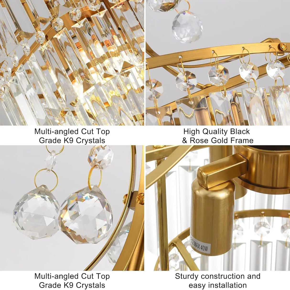 Luxury Gold Crystal Ceiling Light, Round Dimmable Semi-Flush Mount Modern Crystal Ceiling Light for dining room/bedroom/hallway