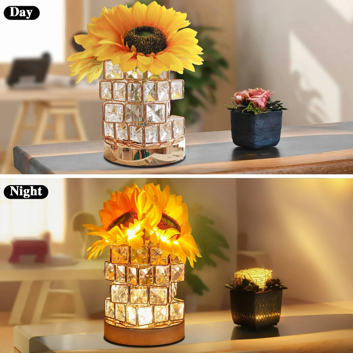 Nightstand Table Lamp Rechargeable Bedroom Bedside Decorative Lamp Crystal Flower Rose For Girl Valentine's Day Birthday Gift