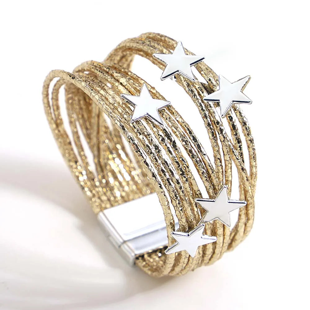 ALLYES Boho Glitter Filled Slim Strips Leather Bracelet for Women Fashion Cute Stars Multilayer Wrap Bracelets Charm Jewelry