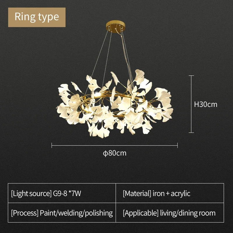 Nordic Ginkgo Leaf LED Chandelier - Modern Round Interior Hanging Light