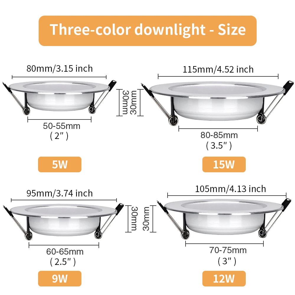 6/12Pcs Led Downlight Three Color Dimmable 5W 9W 12W 15W Recessed Ceiling Lamp Led Spotlight For Living Room Bathroom