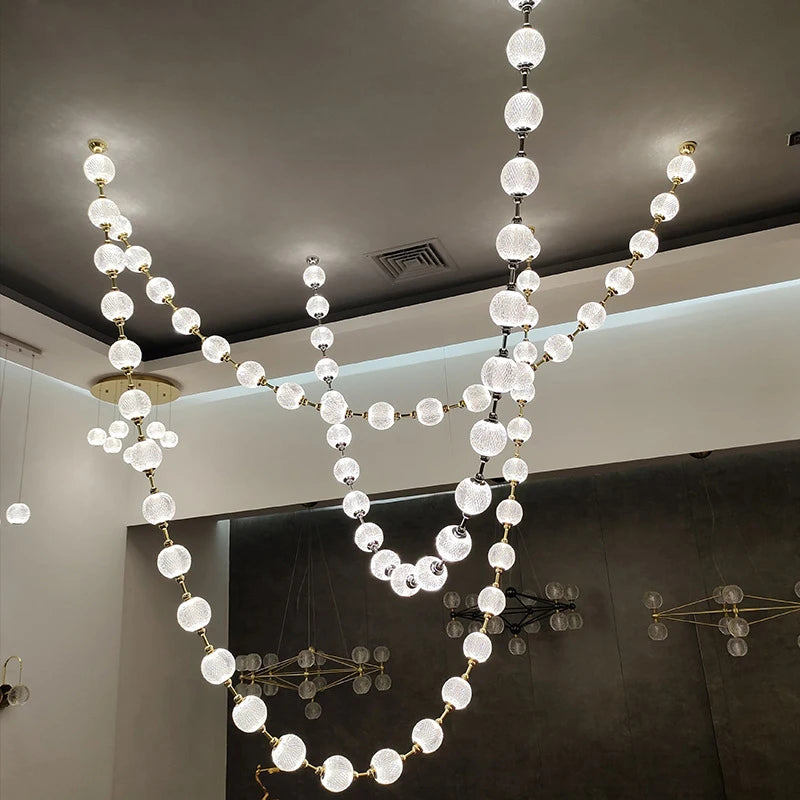 2026 Trendy Pearl Necklace Design LED Dimmable Chandelier Balls Staircase 6 m Long Suspension Luminaire Lampen For Living Room