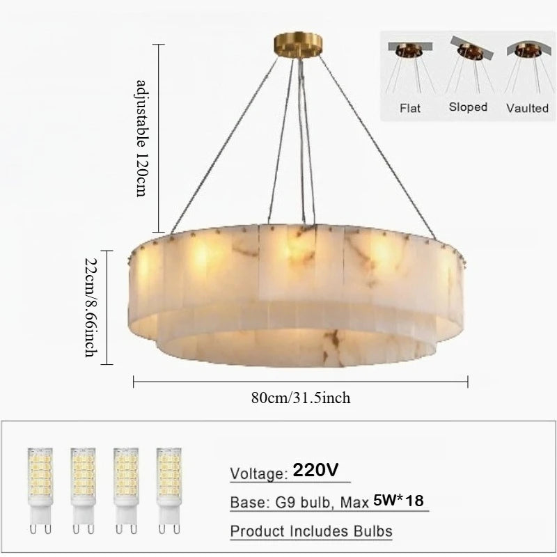 Modern Natural Marble Dimmable Pendant Light - Round Alabaster Ceiling Chandelier Fixture for Living Room & Dining Room