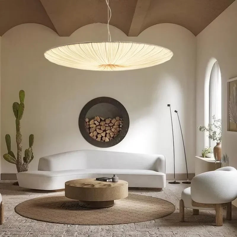 Wabi Sabi Led Fabric Ceiling Light Round Whtie Flying Saucer Chandelierfor Living Room Bedroom Restaurant Fabric Pendant Lamp