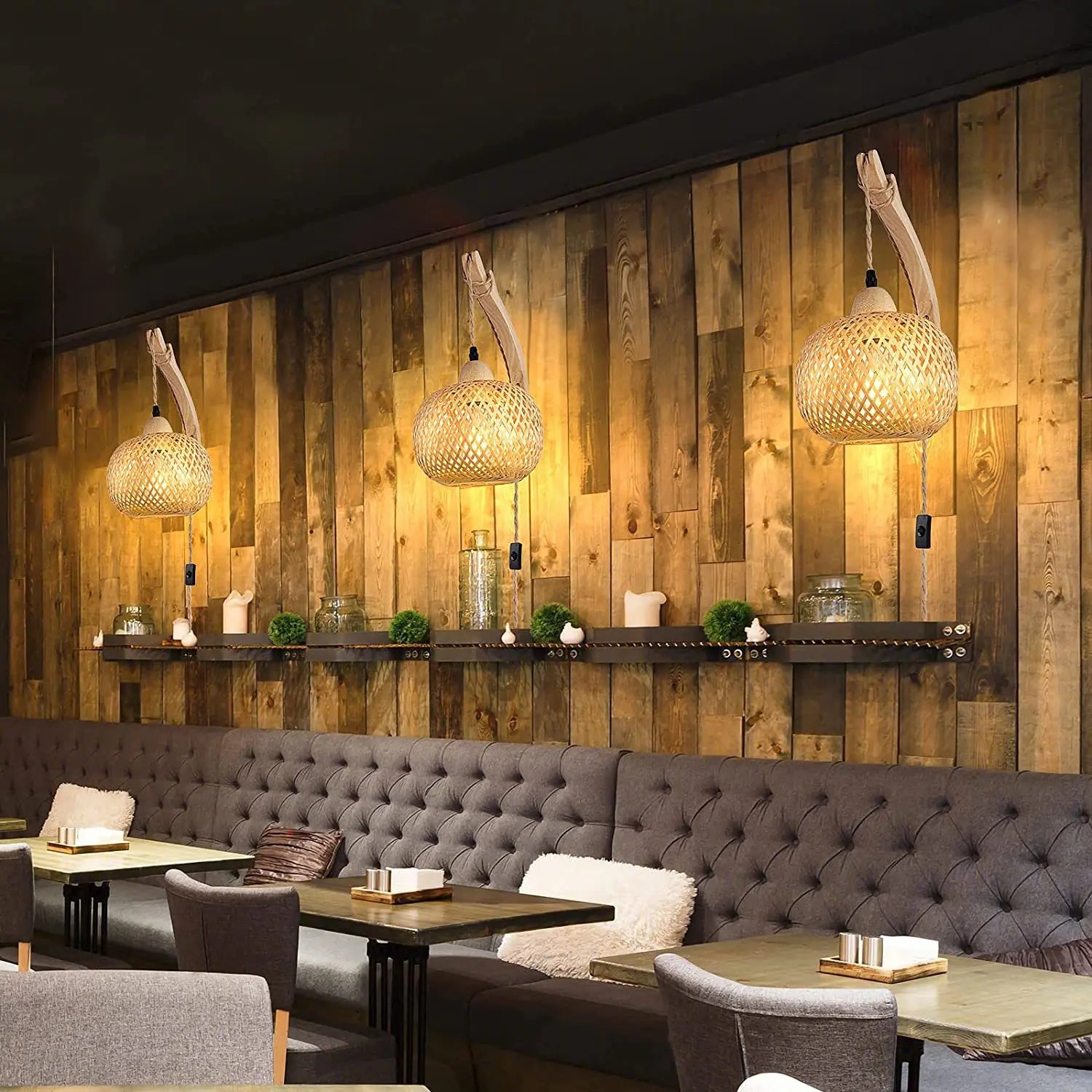 Bamboo Lantern Wall Lamp Natural Rattan Wicker E27 Chandeliers Hand-Woven Bamboo Room Decors Lampshades Wall Light Fixtures