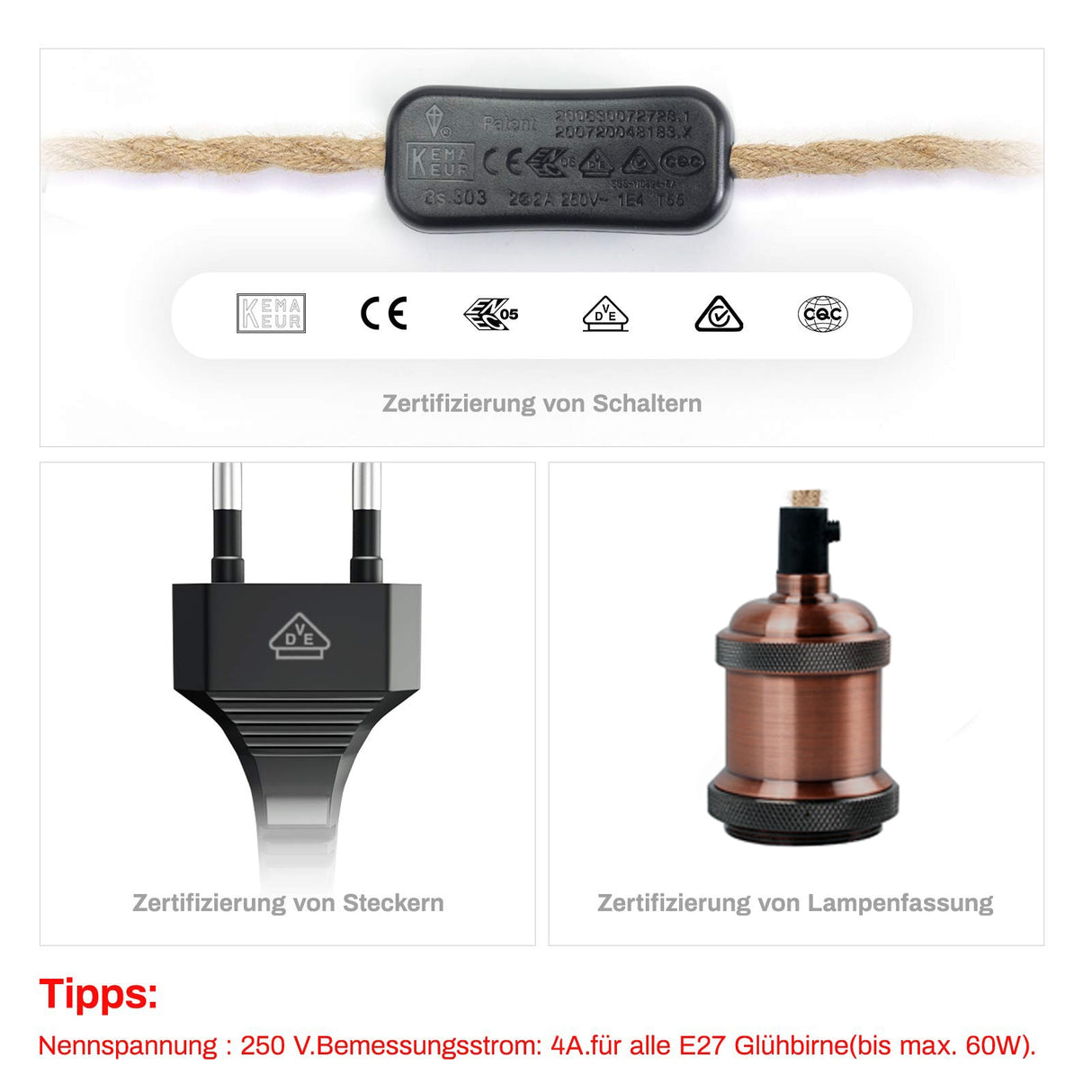 Power Cord Pendant Light Twist Hemp Rope Cables E26 E27 Lamp Holder EU Plug with Switch Wire Edison Bulb Socket Cord Cable