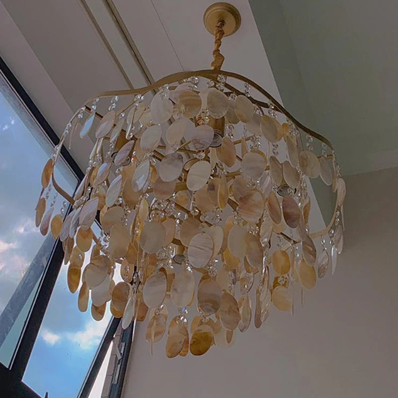 Luxury Shell Hanging Lamp for Ceiling French Living Room Pendant Light Bedroom Crystal Chandelier Home Decorations Luster LED