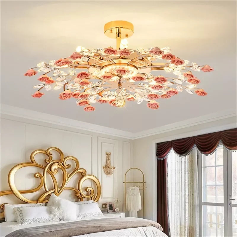 Flower Chandelier Lights Modern Ceramics Pink Flowers LED for Home Decor Dining Room Living Room Bedroom Ceiling Lamps