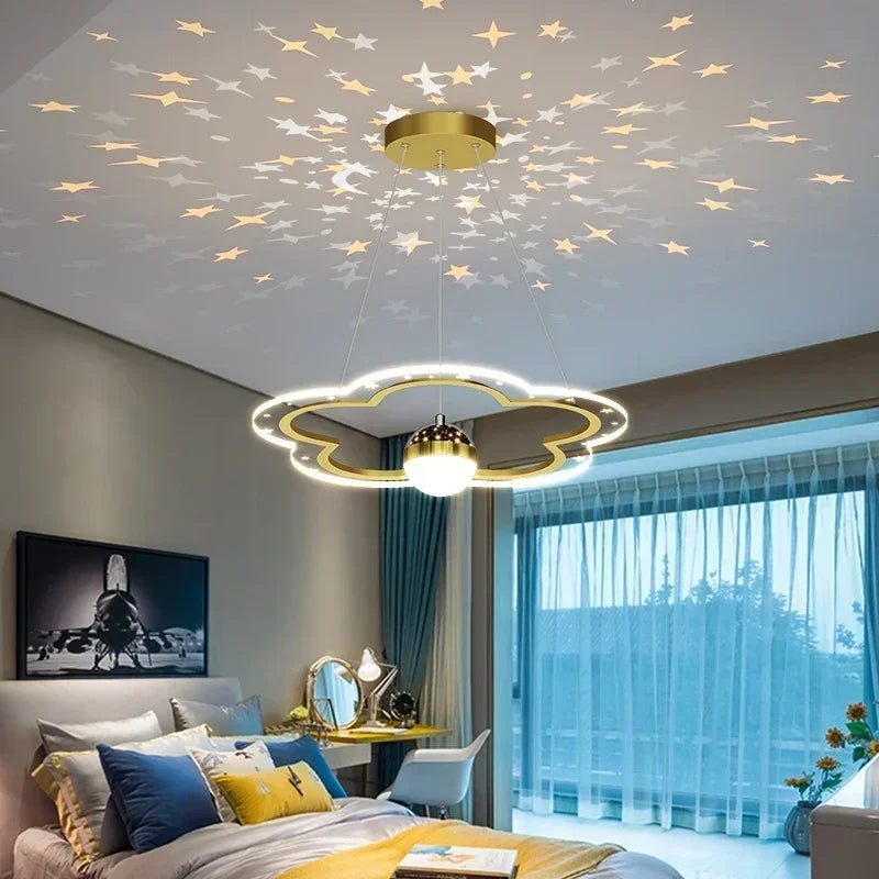 Modern Creative Star Children's Room LED Chandeliers for Bedroom Study Design Ring Lamp Home Decors Cartoon Warm Lighting Fixture