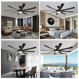 72 inch Large Diameter Black Ceiling Fan, DC Motor Remote Control, 6-speed Reversible, Living Room, Rerrace Pendant Light