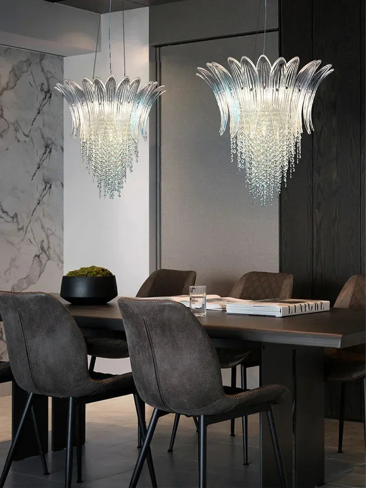 Petal Glass Flower Pendant Ceiling Lamp Minimalist Art Crystal Fringe Lamp for Living Room Staircase Villa Foyer Decor Lamp
