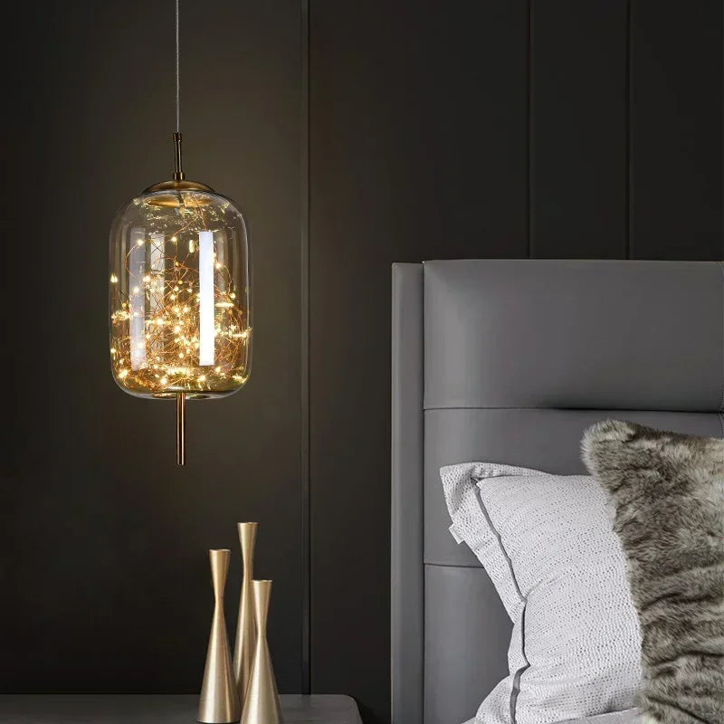 LED Nordic Net Red Bedside Chandelier Girl Light Glass Small  Luxury Long Line Personality Art Full of Stars Hotel Bar Xn