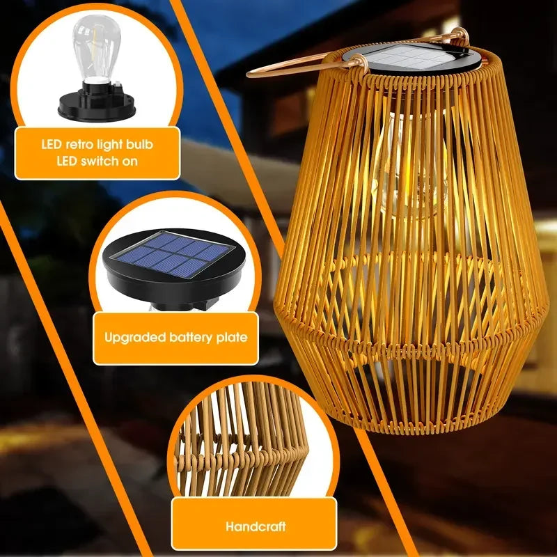 Outdoor Solar Boho Rattan Hanging Lantern Waterproof LED Wicker Lamp for Garden Patio Yard Summer Evening Balcony Wedding Decor