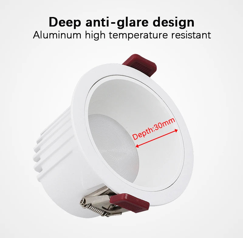 Anti-Glare Recessed LED Spotlight - 7W 12W Matte Black & White Downlight