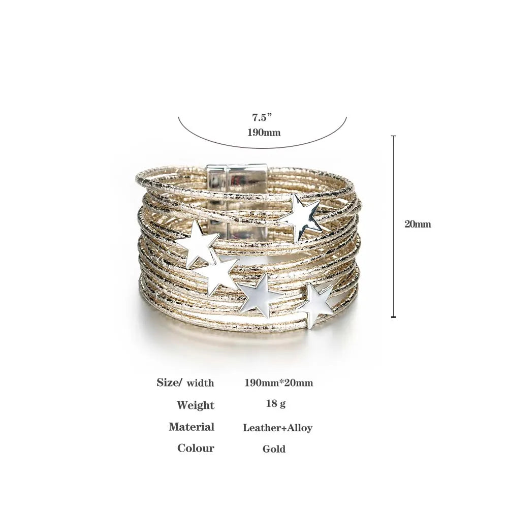 ALLYES Boho Glitter Filled Slim Strips Leather Bracelet for Women Fashion Cute Stars Multilayer Wrap Bracelets Charm Jewelry