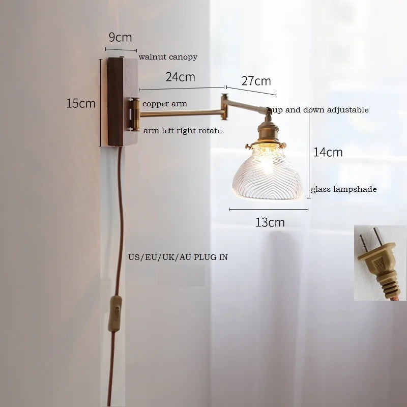 IWHD Pull Chain Switch LED Wall Lamp Beside Bedroom Living Room Light Arm Left Right rotate Wood Canopy Applique Murals Sconce