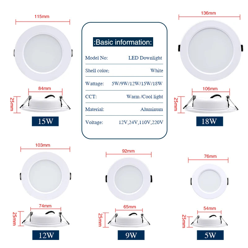 LED Downlight 5W 9W 12W 15W 18W Recessed Round LED Ceiling Lamp 110V 220V DC12V 24V Panel Lights Indoor Lighting Warm/Cold White