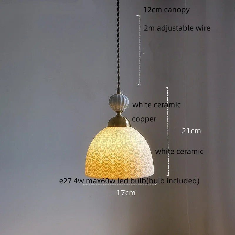 IWHD Home Design LED Pendant Lamp Balcony Reading Dining Room Japan Style Gold Copper Patterned Ceramic Hanging Lights Hanglamp