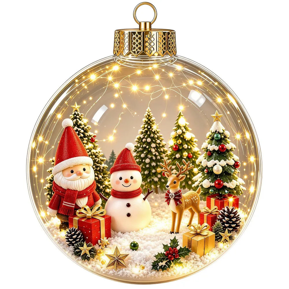 Clear Acrylic Lighted Christmas Ball Ornament Mini Interior Scene Warm LED Light-Up Tree Hanging Bauble Cartoon Shock-Resistant