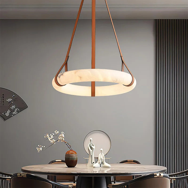 2026 Circular Marble Leather LED Hanging Lamp Modern Bedroom Living Room Main Light Fixture Nordic Faux Marble Pendant Light