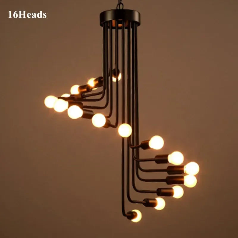 Nordic Creative LED Ceiling Chandelier Black 16/26 Head Iron Hanging Light Coffee Bar Restaurant Spiral Pendant Decorate Fixture
