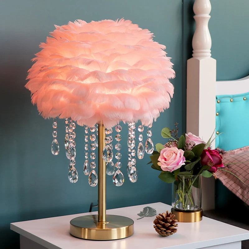 Nordic Feather Crystal Table Lamp Bedroom Ins Girl Warm Bedside Lamp Creative Luxury Romantic Feather Lamp