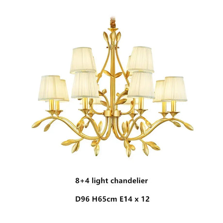 American Retro Luxury Gold Copper Chandeliers Living Dining Bedroom Pendant Lights Fabric Shades Flower Deco Led Lighting Lamps